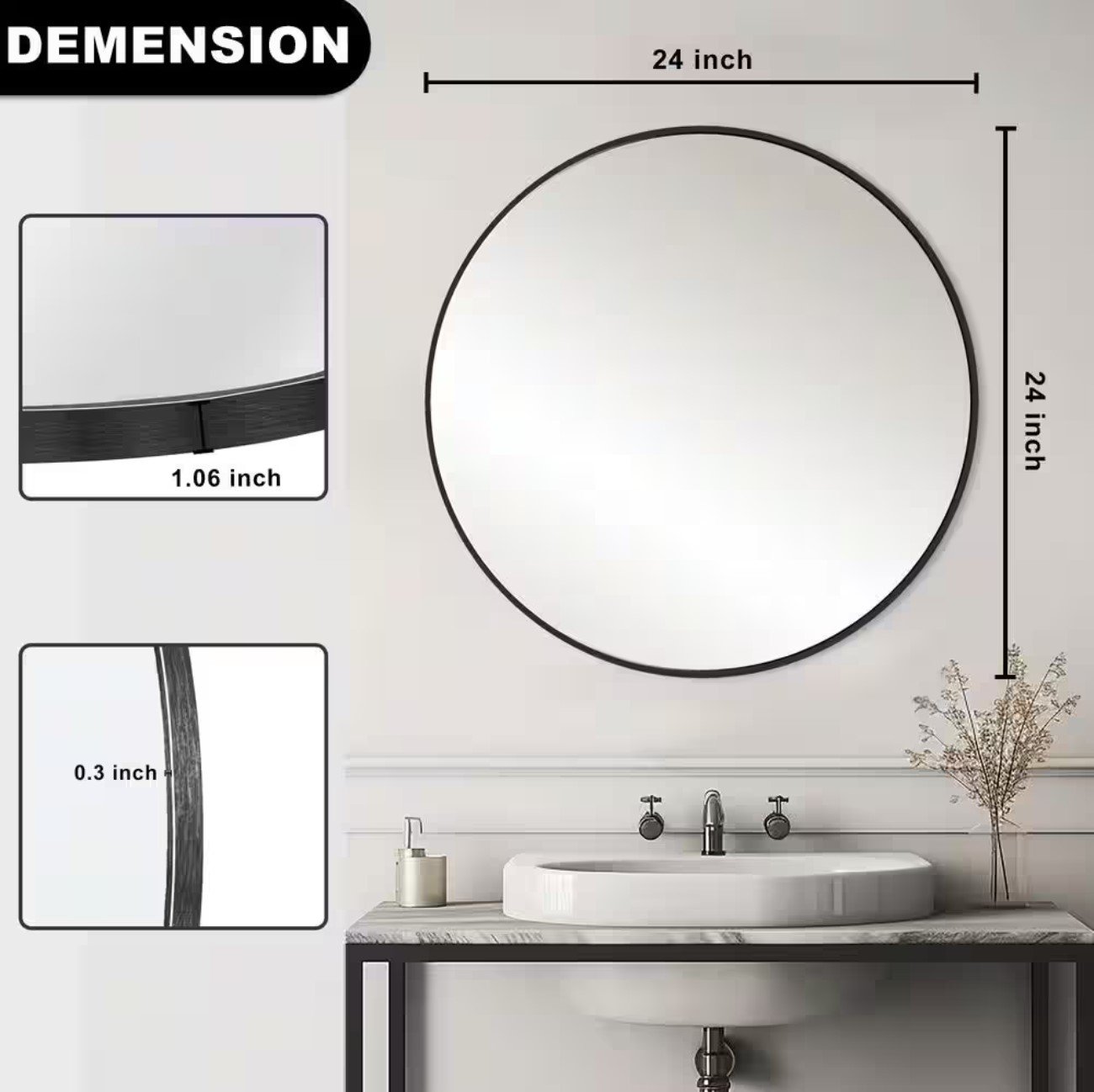 24 in. W x 24 in. H Black Vanity Round Wall Mirror Aluminum Alloy Frame Bathroom Mirror